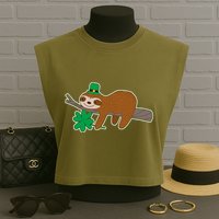 Cute Funny St Patrick's Day Sloth Garment-Dyed Women's Muscle Tee
