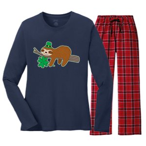 Cute Funny St Patrick's Day Sloth Women's Long Sleeve Flannel Pajama Set 