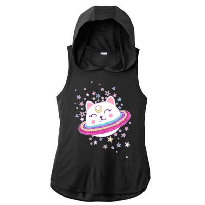 Cute Galaxy Saturn Cat  Ladies PosiCharge Tri-Blend Wicking Draft Hoodie Tank