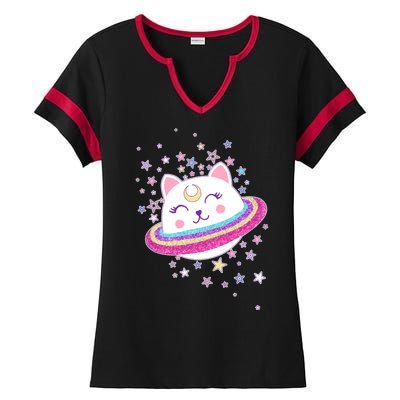 Cute Galaxy Saturn Cat  Ladies Halftime Notch Neck Tee