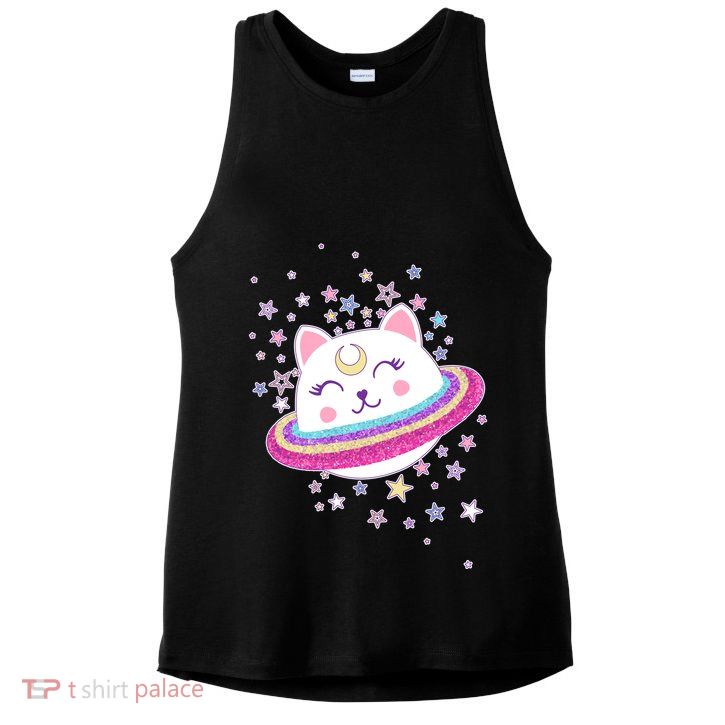 Cute Galaxy Saturn Cat  Ladies PosiCharge Tri-Blend Wicking Tank