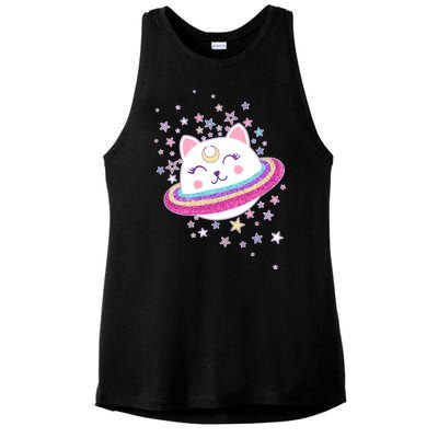 Cute Galaxy Saturn Cat  Ladies PosiCharge Tri-Blend Wicking Tank