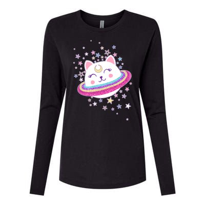 Cute Galaxy Saturn Cat  Womens Cotton Relaxed Long Sleeve T-Shirt