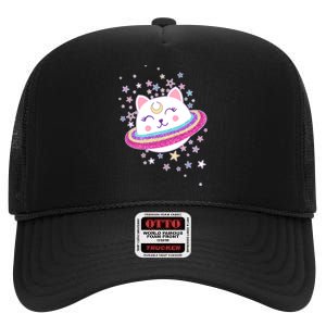 Cute Galaxy Saturn Cat  High Crown Mesh Back Trucker Hat