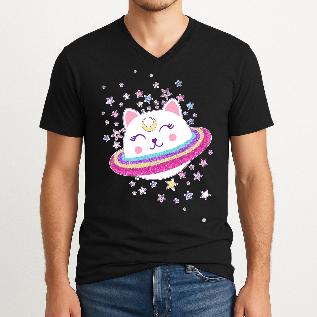Cute Galaxy Saturn Cat  V-Neck T-Shirt