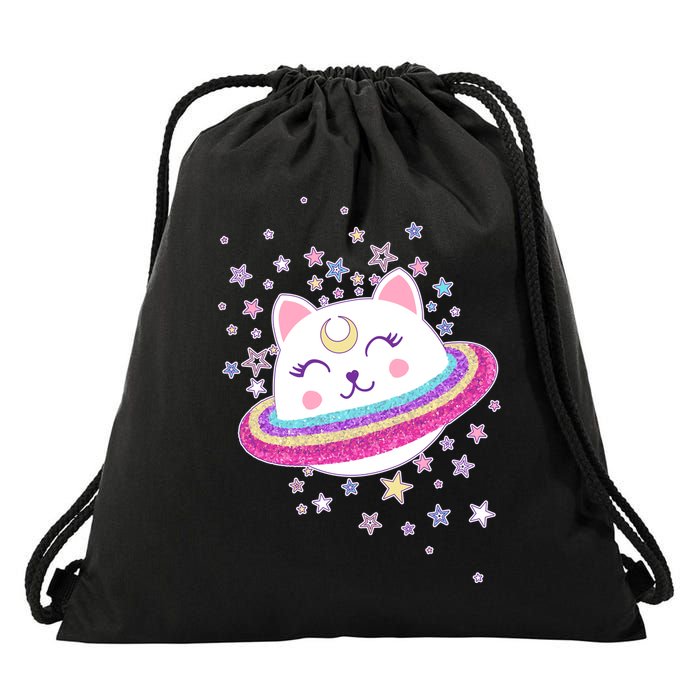 Cute Galaxy Saturn Cat  Drawstring Bag
