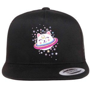 Cute Galaxy Saturn Cat  Flat Bill Trucker Hat