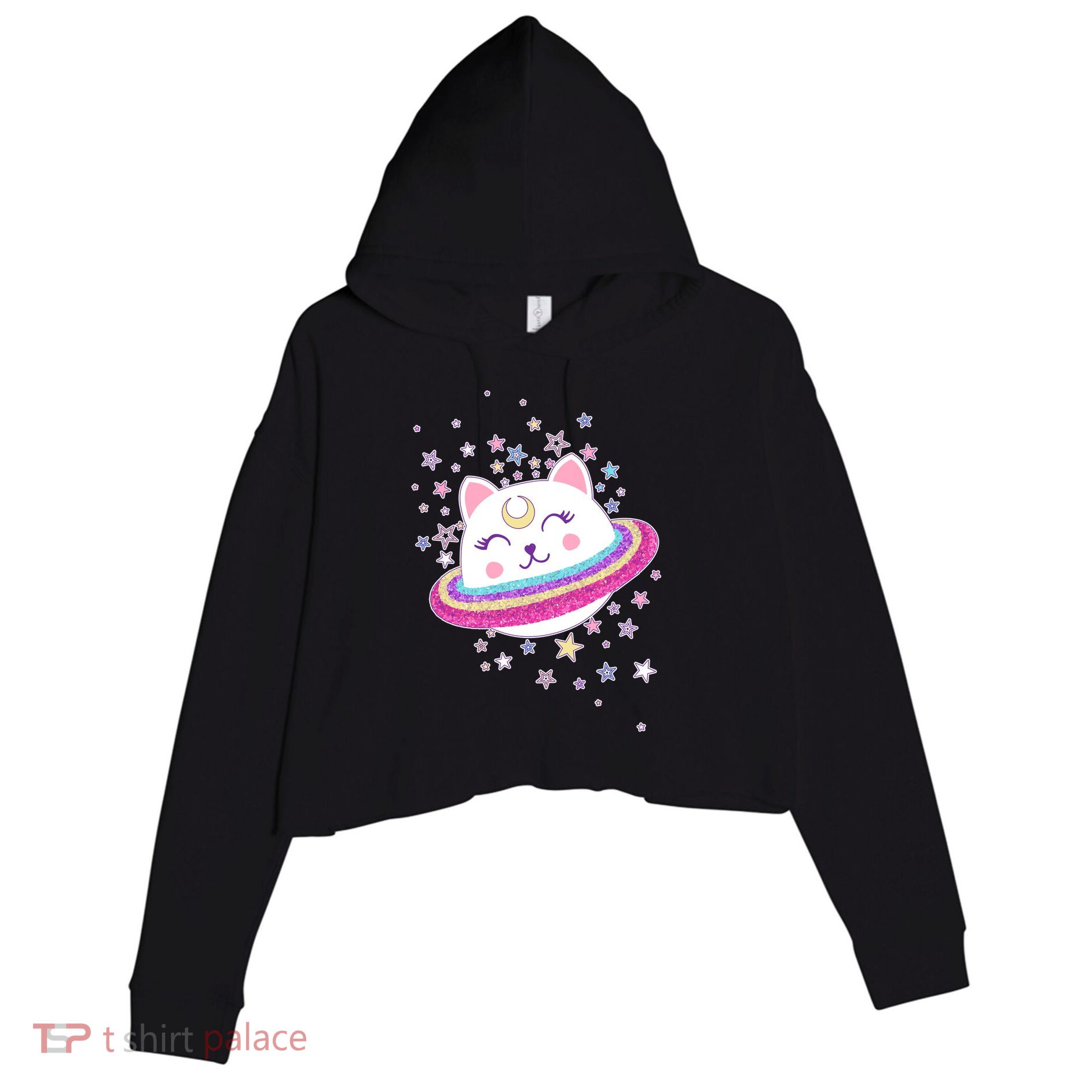 Cute Galaxy Saturn Cat  Crop Fleece Hoodie