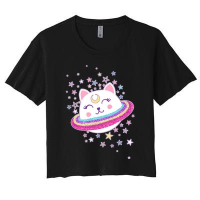 Cute Galaxy Saturn Cat  Crop Top