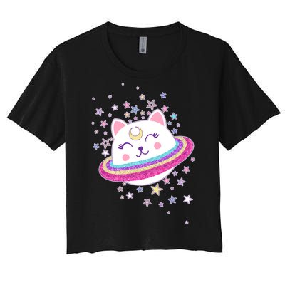 Cute Galaxy Saturn Cat  Women's Crop Top Tee