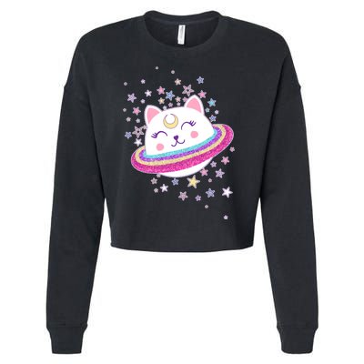 Cute Galaxy Saturn Cat  Cropped Pullover Crew