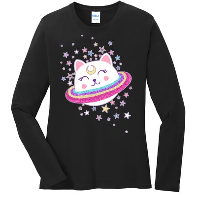 Cute Galaxy Saturn Cat  Ladies Long Sleeve Shirt