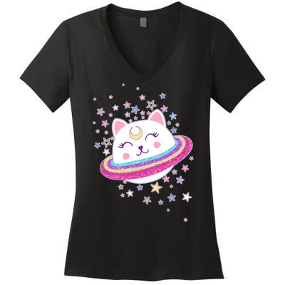 Cute Galaxy Saturn Cat  Women's V-Neck T-Shirt