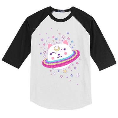Cute Galaxy Saturn Cat  Kids Colorblock Raglan Jersey