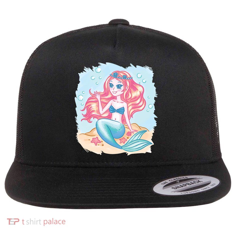 Cute Girl Mermaid Flat Bill Trucker Hat