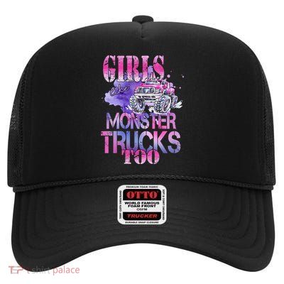 Cute Girls Like Monster Trucks Too Awesome High Crown Mesh Back Trucker Hat