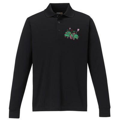 Cute Green Tractor Family Performance Long Sleeve Polo