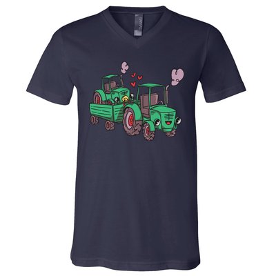 Cute Green Tractor Family V-Neck T-Shirt