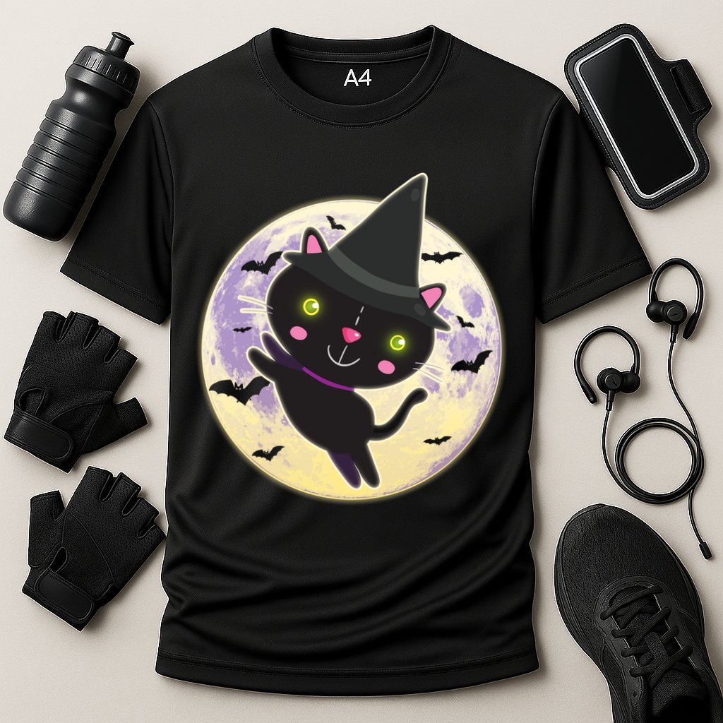 Cute Halloween Cat Moon Cooling Performance Crew T-Shirt