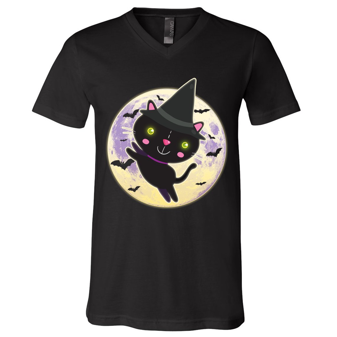 Cute Halloween Cat Moon V-Neck T-Shirt
