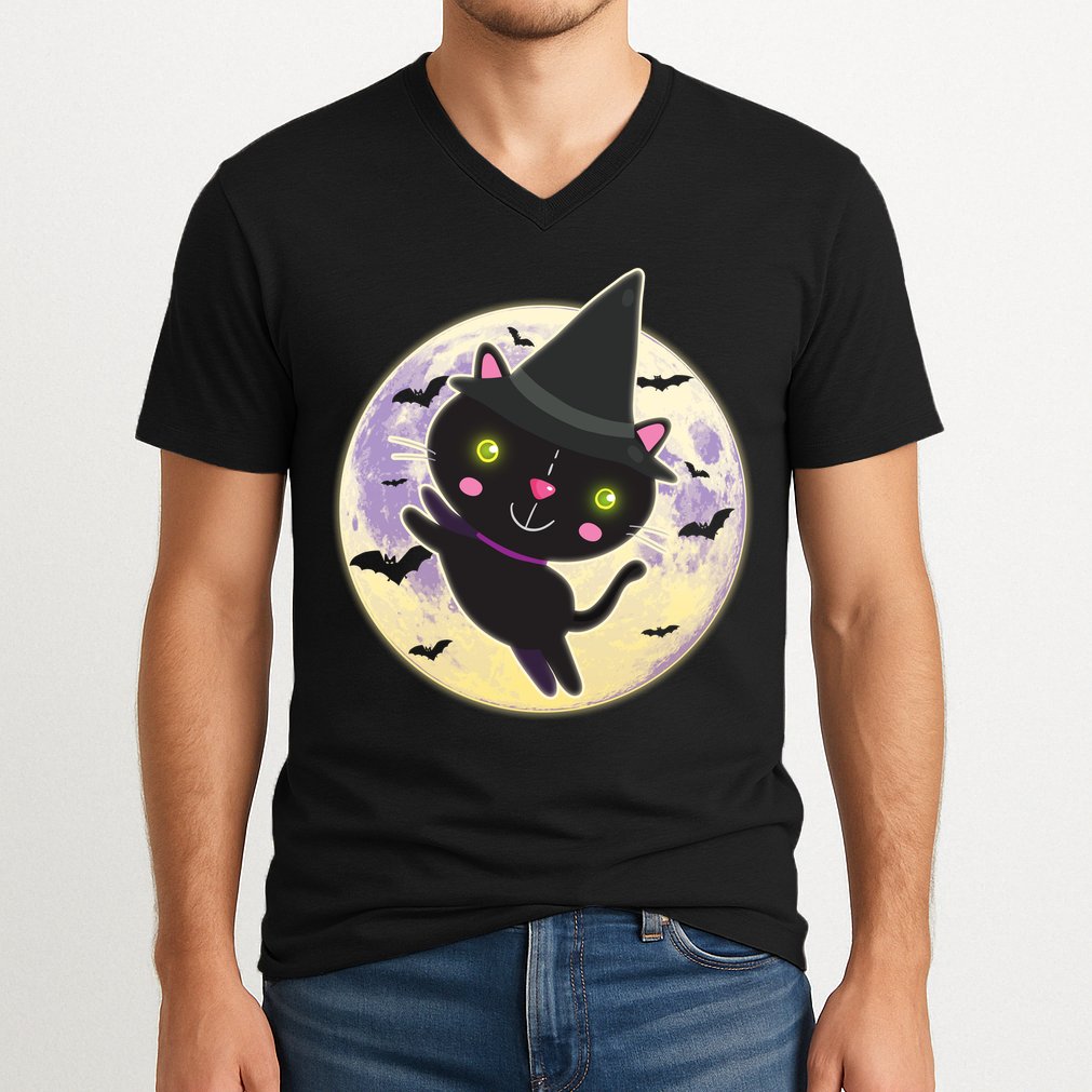Cute Halloween Cat Moon V-Neck T-Shirt