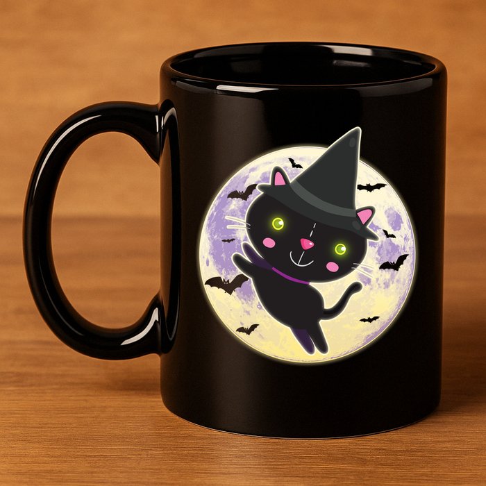 Cute Halloween Cat Moon 11oz C Handle Ceramic Mug