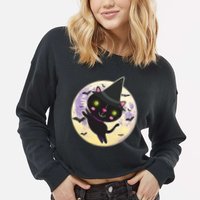Cute Halloween Cat Moon Cropped Pullover Crew