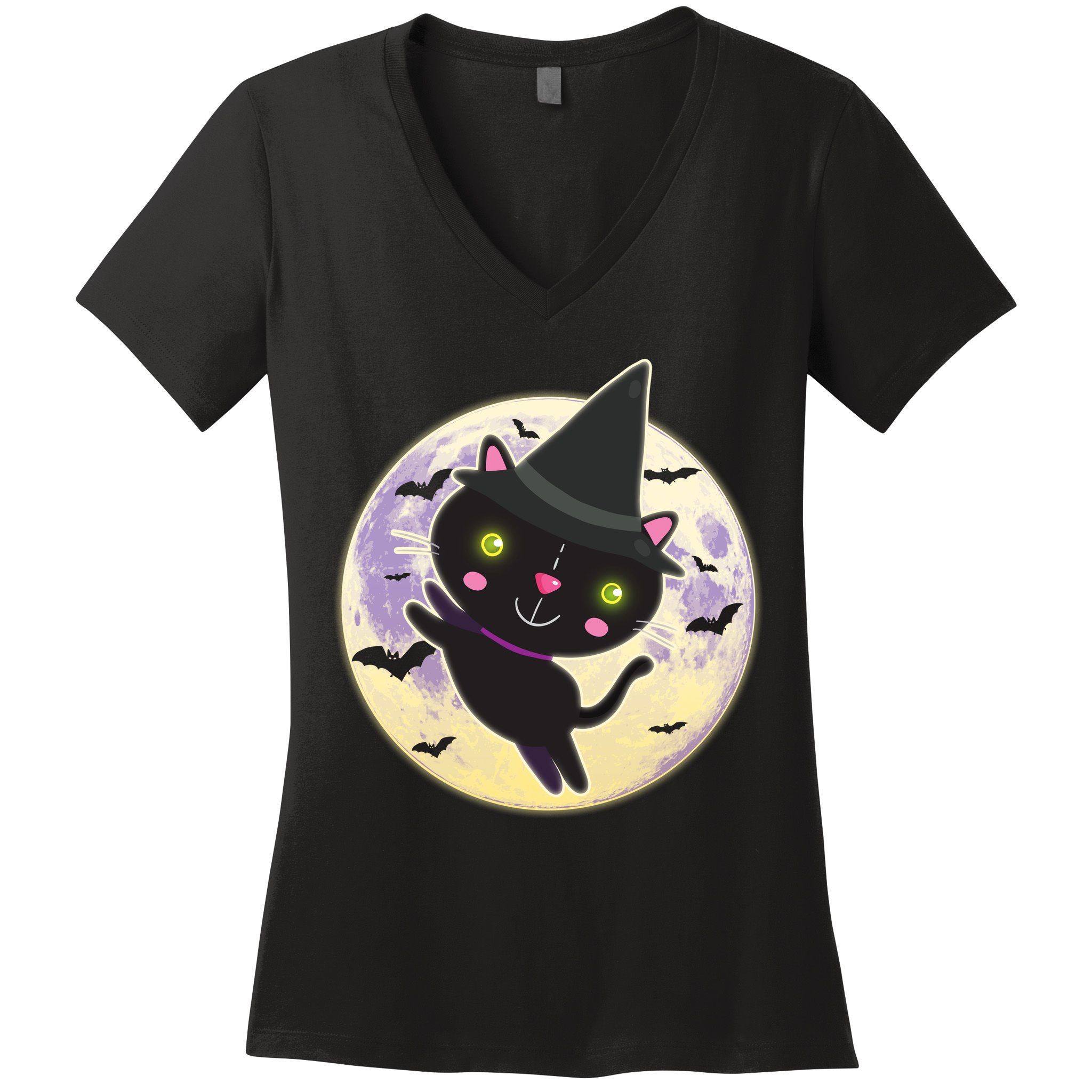 Cute Halloween Cat Moon Women's V-Neck T-Shirt