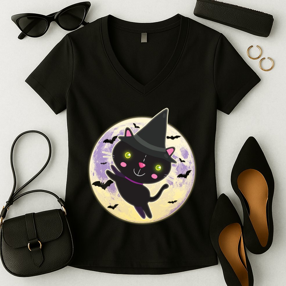 Cute Halloween Cat Moon Women's V-Neck T-Shirt