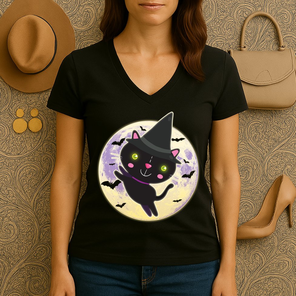 Cute Halloween Cat Moon Women's V-Neck T-Shirt