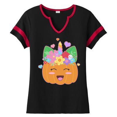 Cute Halloween Unicorn Pumpkin Ladies Halftime Notch Neck Tee