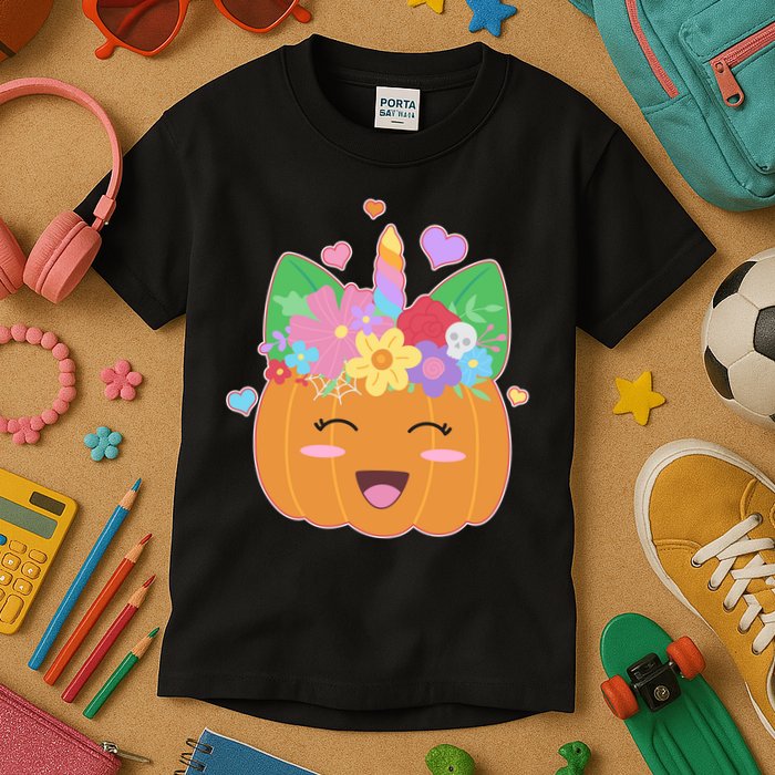 Cute Halloween Unicorn Pumpkin Kids T-Shirt