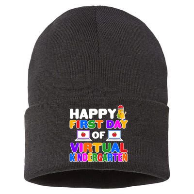 Cute Happy First Day Of Virtual Kindergarten Sustainable Knit Beanie