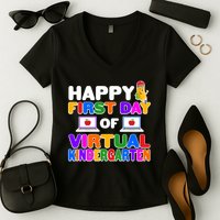 Cute Happy First Day Of Virtual Kindergarten Women's V-Neck T-Shirt