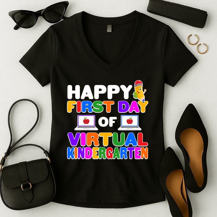 Cute Happy First Day Of Virtual Kindergarten Women's V-Neck T-Shirt