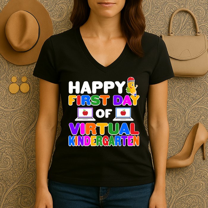 Cute Happy First Day Of Virtual Kindergarten Women's V-Neck T-Shirt