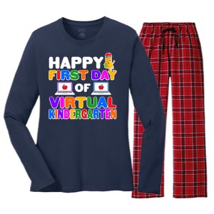 Cute Happy First Day Of Virtual Kindergarten Women's Long Sleeve Flannel Pajama Set 