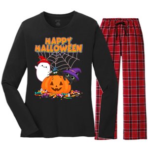 Cute Happy Halloween Friends Women's Long Sleeve Flannel Pajama Set 