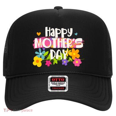 Cute Happy Mother's Day Paint Splash Flowers High Crown Mesh Back Trucker Hat