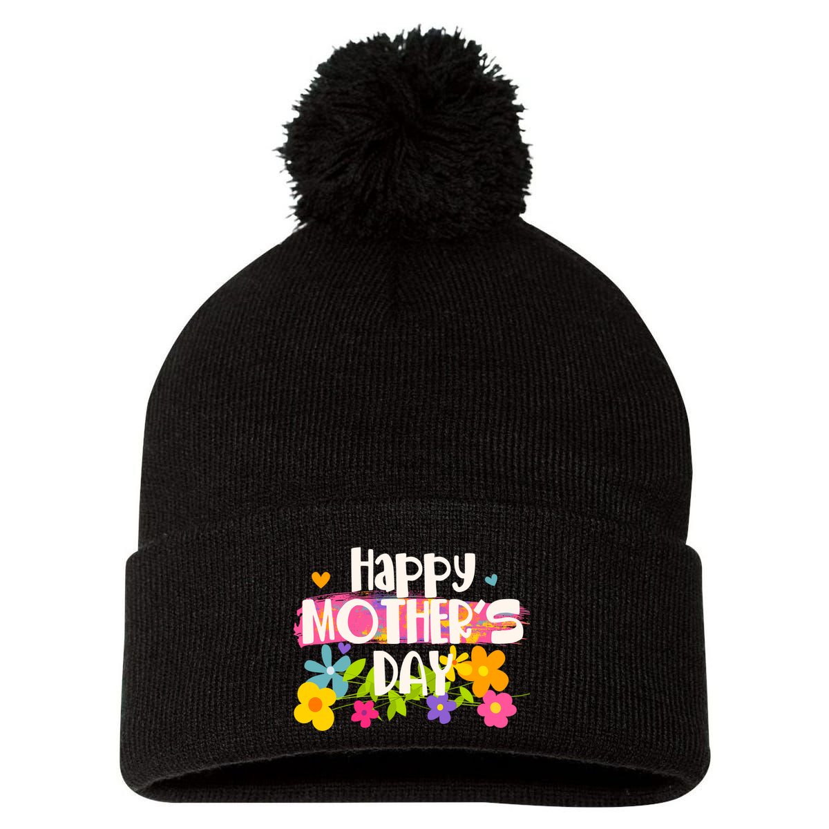 Cute Happy Mother's Day Paint Splash Flowers Pom Pom 12in Knit Beanie