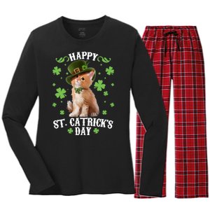 Cute Happy St Catricks Day Kitten Women's Long Sleeve Flannel Pajama Set 