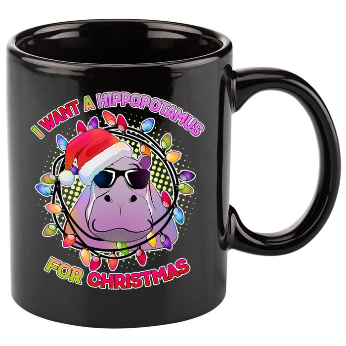 Cute I Want A Hippopotamus for Christmas Lights 11oz C Handle Ceramic Mug