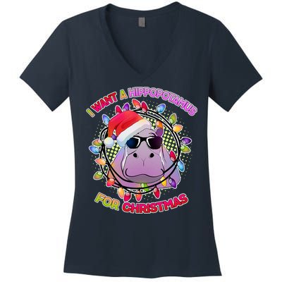 Cute I Want A Hippopotamus for Christmas Lights Women's V-Neck T-Shirt