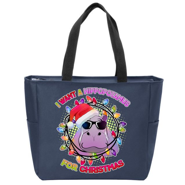 Cute I Want A Hippopotamus for Christmas Lights Zip Tote Bag