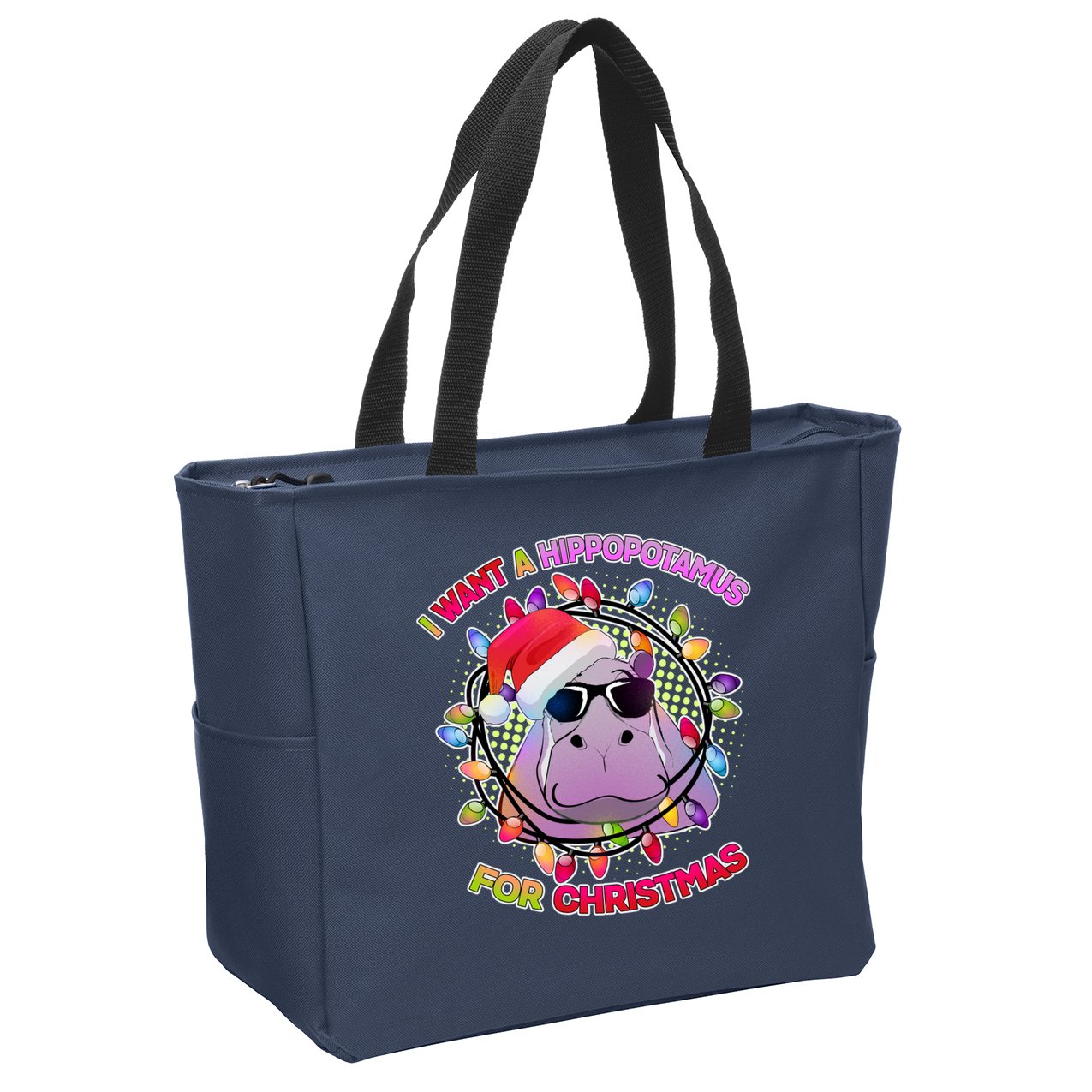 Cute I Want A Hippopotamus for Christmas Lights Zip Tote Bag