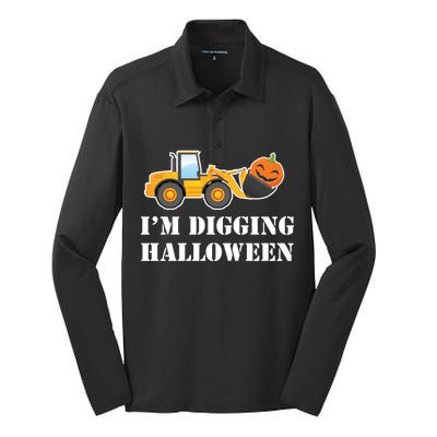 Cute I'm Digging Halloween Tractor Silk Touch Performance Long Sleeve Polo