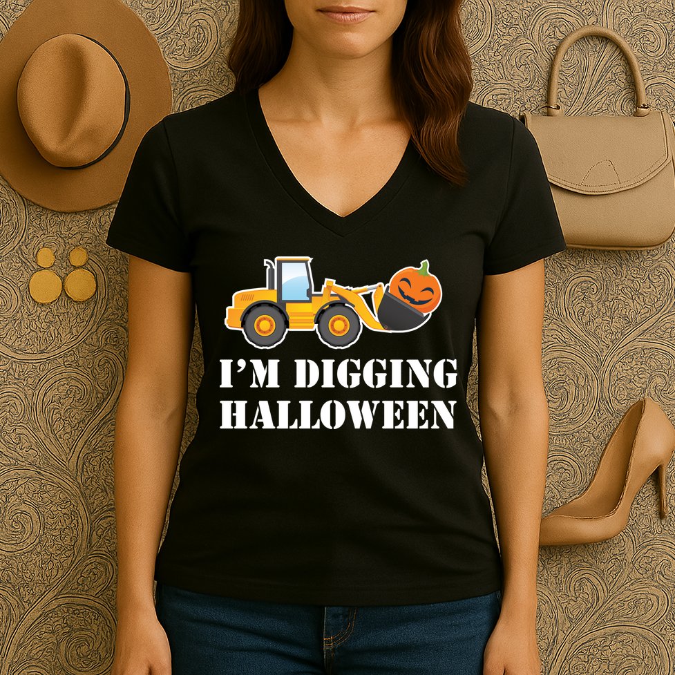 Cute I'm Digging Halloween Tractor Women's V-Neck T-Shirt