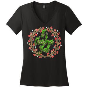 Cute It's Christmas Y'all Colorful Leaf Women's V-Neck T-Shirt