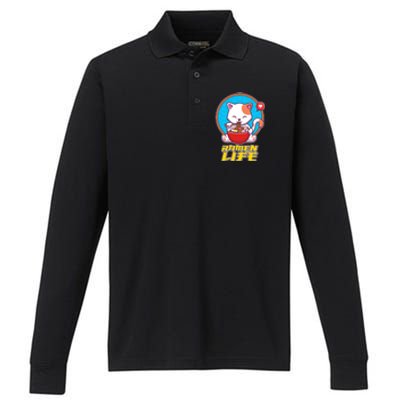 Cute Japanese Ramen Life Kitty Performance Long Sleeve Polo