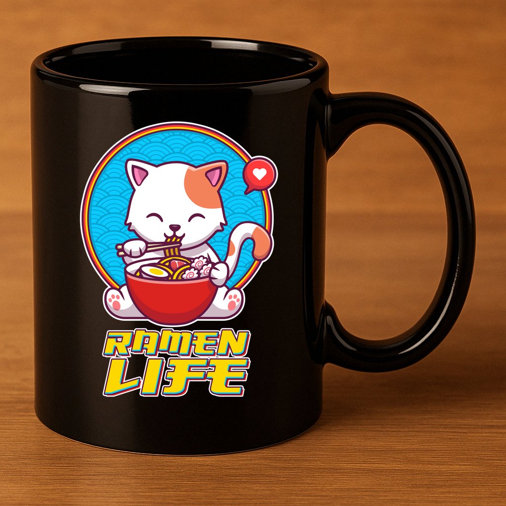 Cute Japanese Ramen Life Kitty 11oz C Handle Ceramic Mug